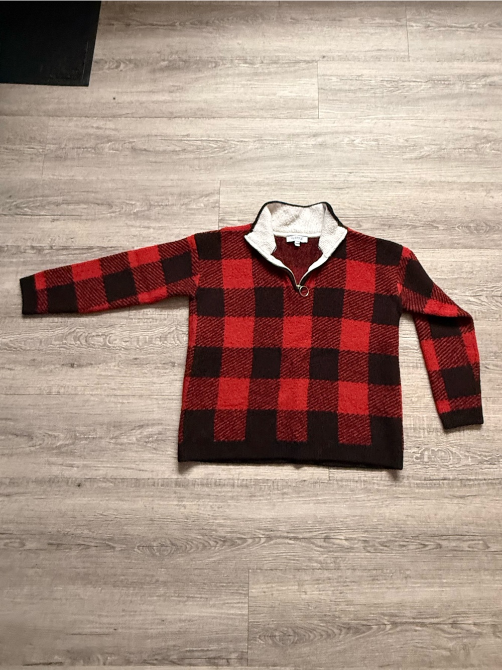 Women's Red and Black Buffalo-Check Zip Pullover Sweater